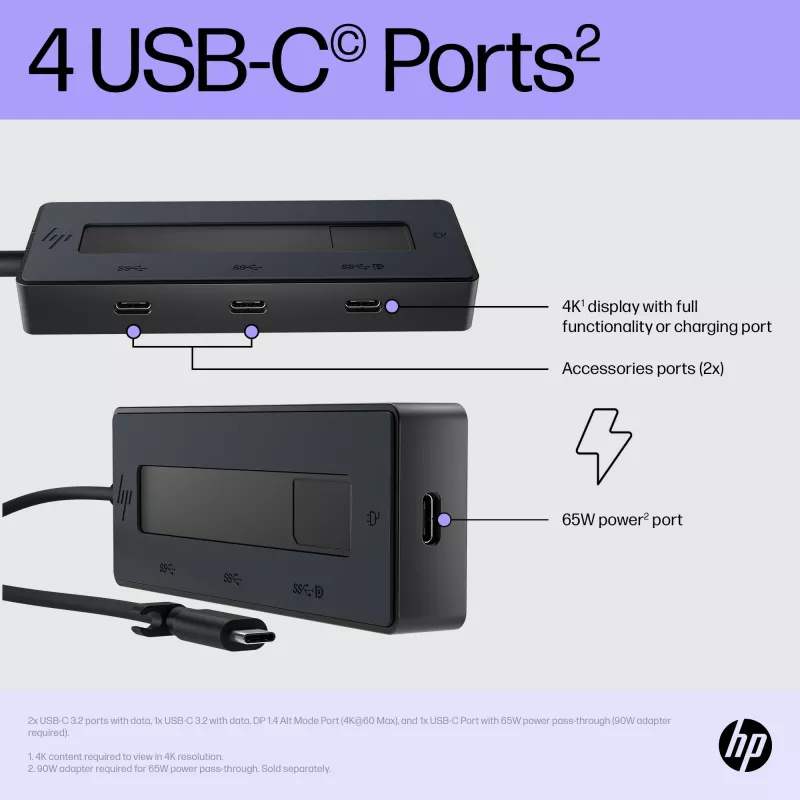 Hub Multiporta HP 4K USB-C, USB Type-C, USB 3.2 Gen 2 (3.1 Gen 2) Type-C, 10000 Mbit/s, Preto, 4K Ultra HD, China