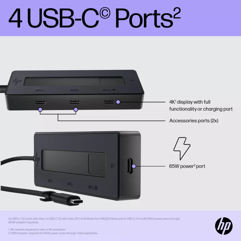 Hub Multiporta HP 4K USB-C, USB Type-C, USB 3.2 Gen 2 (3.1 Gen 2) Type-C, 10000 Mbit/s, Preto, 4K Ultra HD, China