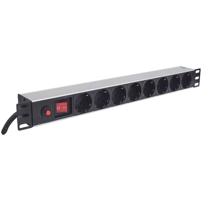 Unidade de distribuição de energia (PDU) Intellinet 19 polegadas 1U para rack com 8 tomadas EU-CEE-7/3, interruptor ligar/desligar e proteção contra sobrecarga, cabo de alimentação de 3 m integrado com ficha EU-CEE-7/4