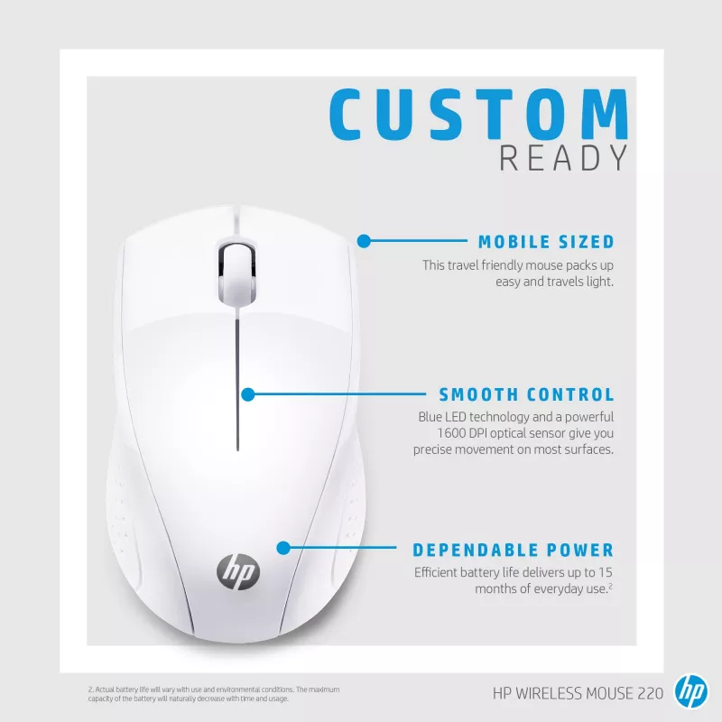 Rato sem fios HP 220 (branco neve), Ótico, RF Wireless, Branco