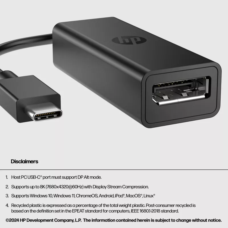 HP 8Y8Y1AA adaptador de USB-C para DisplayPort G2, 8K (7680 x 4320), preto