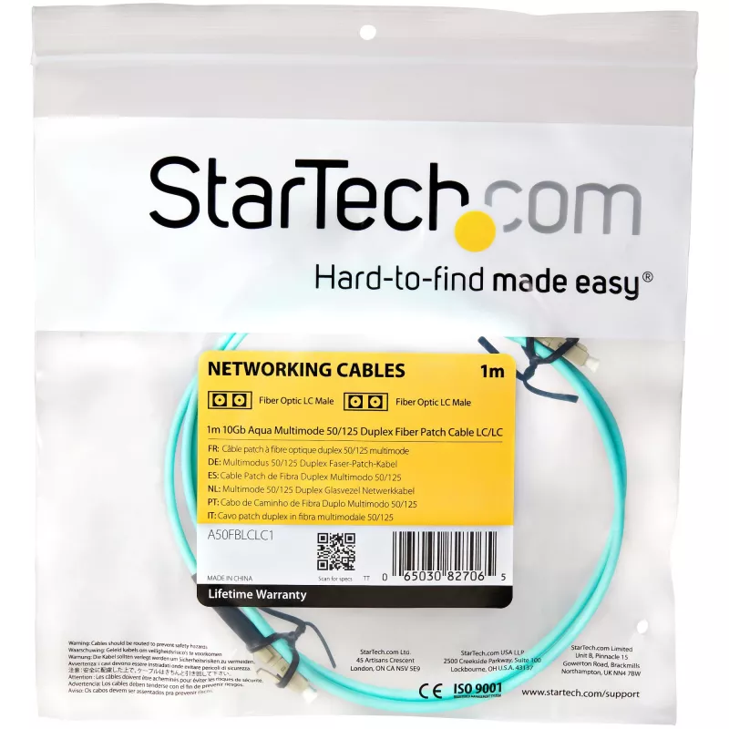 Cabo de fibra ótica multimodo LC/UPC para LC/UPC OM3 StarTech.com 1m (3ft), cabo de fibra ótica zipcord full duplex 50/125µm, 100G, baixa atenuação de inserção, cabo de patch de fibra LSZH