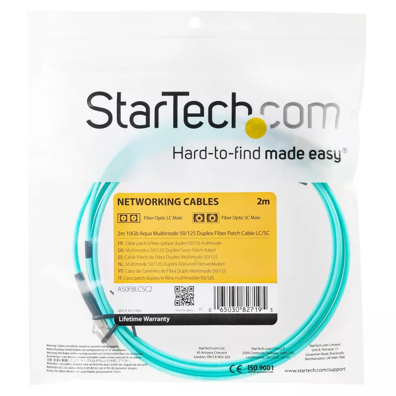 Cabo de fibra ótica multimodo LC/UPC para LC/UPC OM3 StarTech.com 2m (6ft), cabo zipcord full duplex 50/125µm, 100G, baixa atenuação de inserção, cabo de patch de fibra LSZH