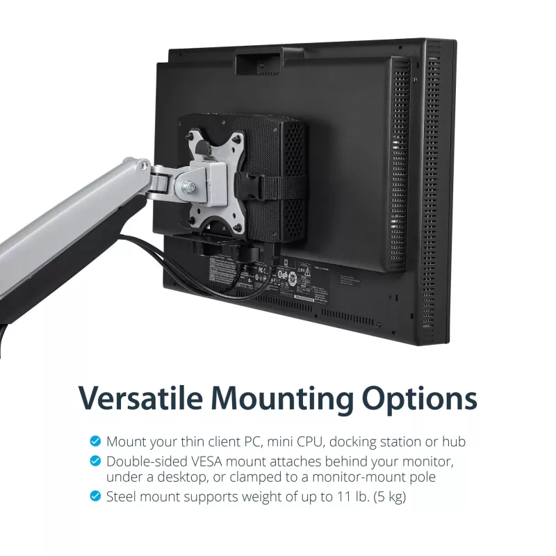 StarTech.com ACCSMNT suporte para thin client – suporte de montagem VESA, para Intel NUC / Mac Mini, computador de secretária pequeno, 5 kg, preto, plástico/aço