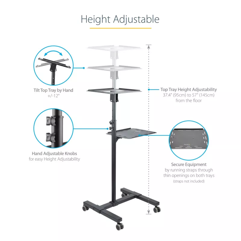 Suporte/carrinho móvel para projetor e portátil StarTech.com – suporte robusto e portátil para projetor (2 prateleiras, cada uma com capacidade de 10 kg) – carrinho de altura ajustável para apresentações com rodas bloqueáveis