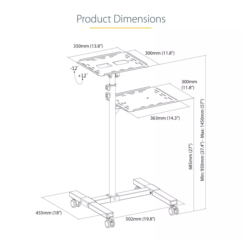 Suporte/carrinho móvel para projetor e portátil StarTech.com – suporte robusto e portátil para projetor (2 prateleiras, cada uma com capacidade de 10 kg) – carrinho de altura ajustável para apresentações com rodas bloqueáveis