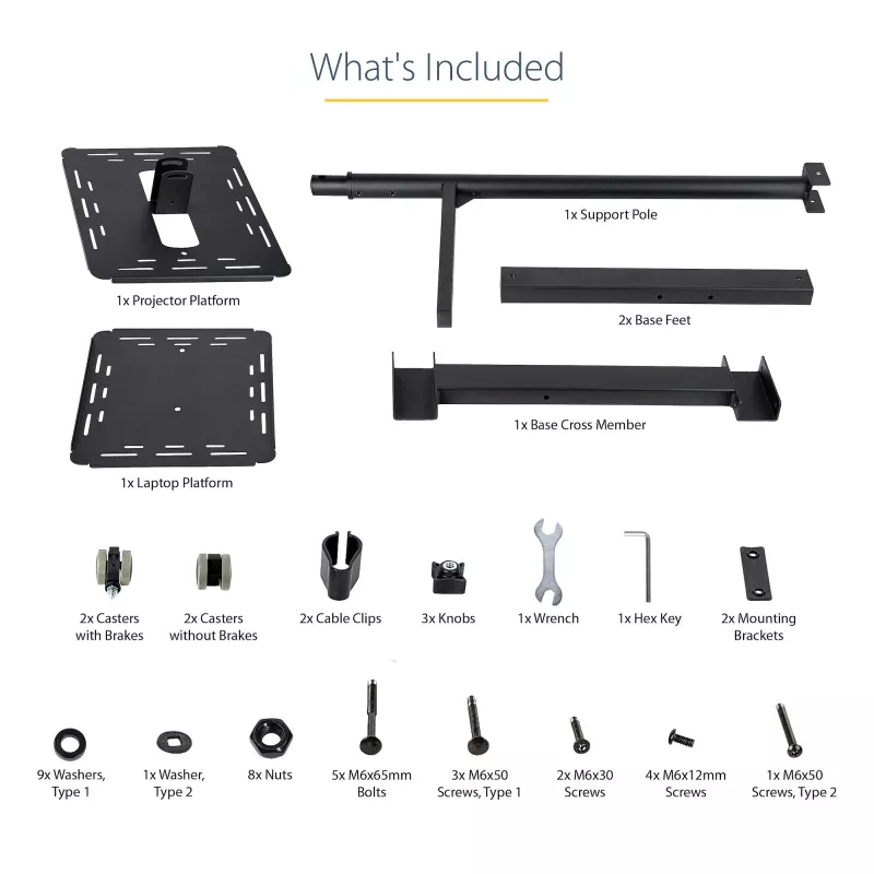 Suporte/carrinho móvel para projetor e portátil StarTech.com – suporte robusto e portátil para projetor (2 prateleiras, cada uma com capacidade de 10 kg) – carrinho de altura ajustável para apresentações com rodas bloqueáveis