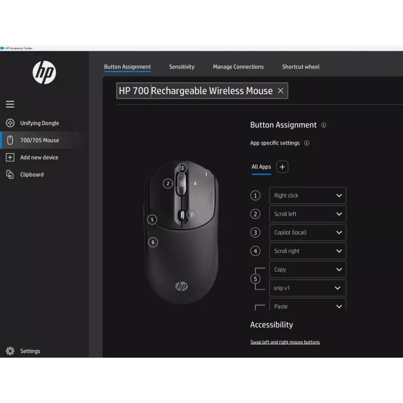 Rato sem fios recarregável HP 700, ambidestro, RF Wireless + Bluetooth, 6000 DPI, preto