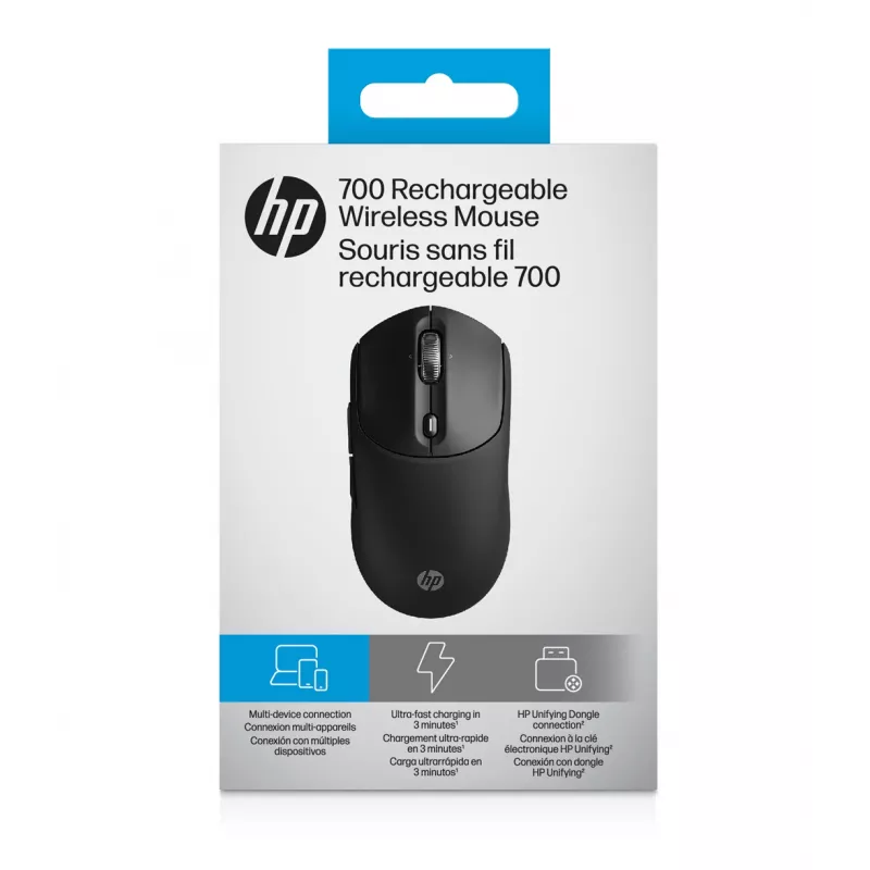 Rato sem fios recarregável HP 700, ambidestro, RF Wireless + Bluetooth, 6000 DPI, preto