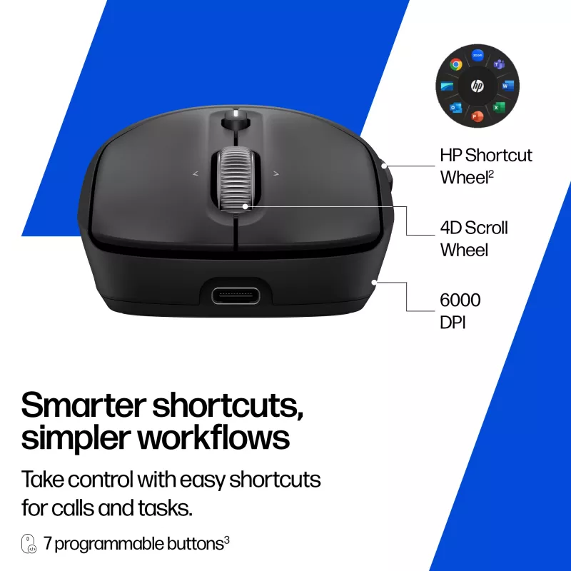 Rato sem fios recarregável HP 700, ambidestro, RF Wireless + Bluetooth, 6000 DPI, preto