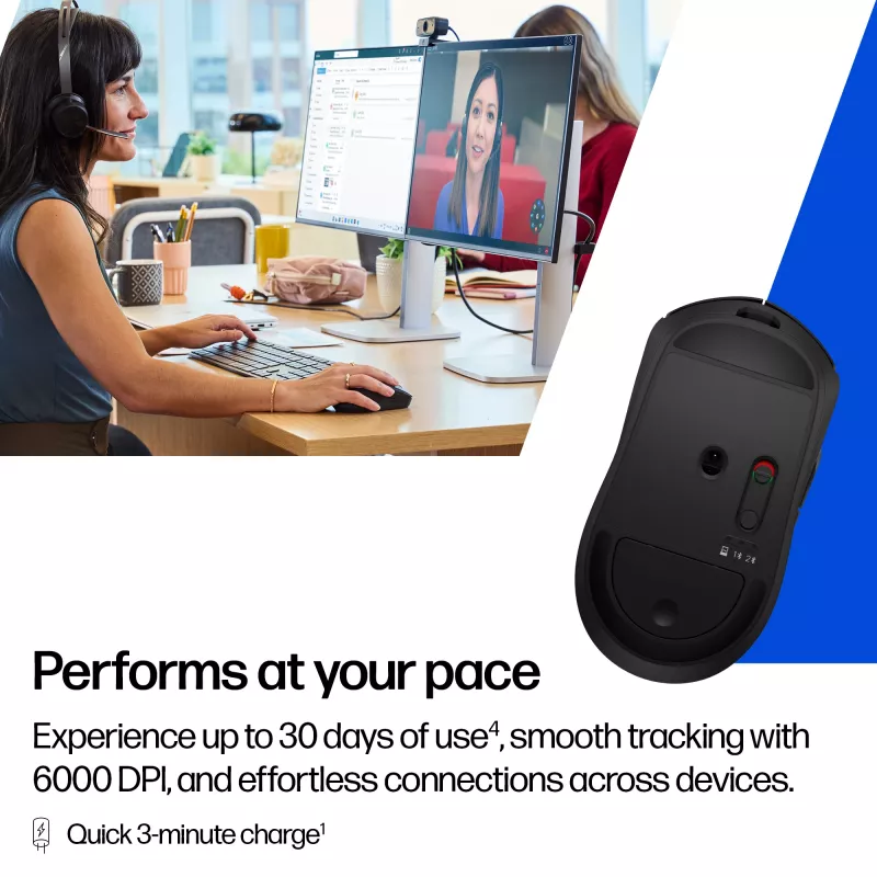 Rato sem fios recarregável HP 700, ambidestro, RF Wireless + Bluetooth, 6000 DPI, preto