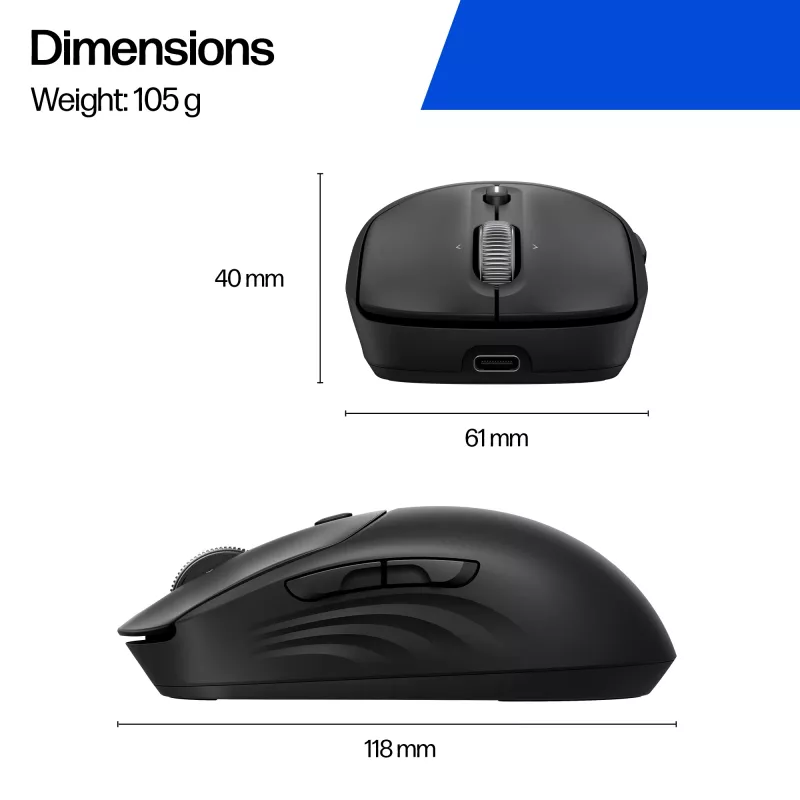 Rato sem fios recarregável HP 700, ambidestro, RF Wireless + Bluetooth, 6000 DPI, preto