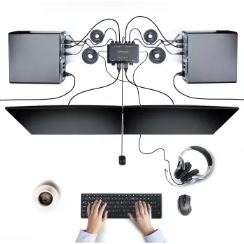Switch KVM de 2 portas com cabo DisplayPort para monitor duplo StarTech.com, 4K 60Hz, switch KVM compacto com cabos USB-A/DisplayPort/áudio de 1,5 m integrados, alimentado por bus – comutação por botão de controlo remoto/hotkeys