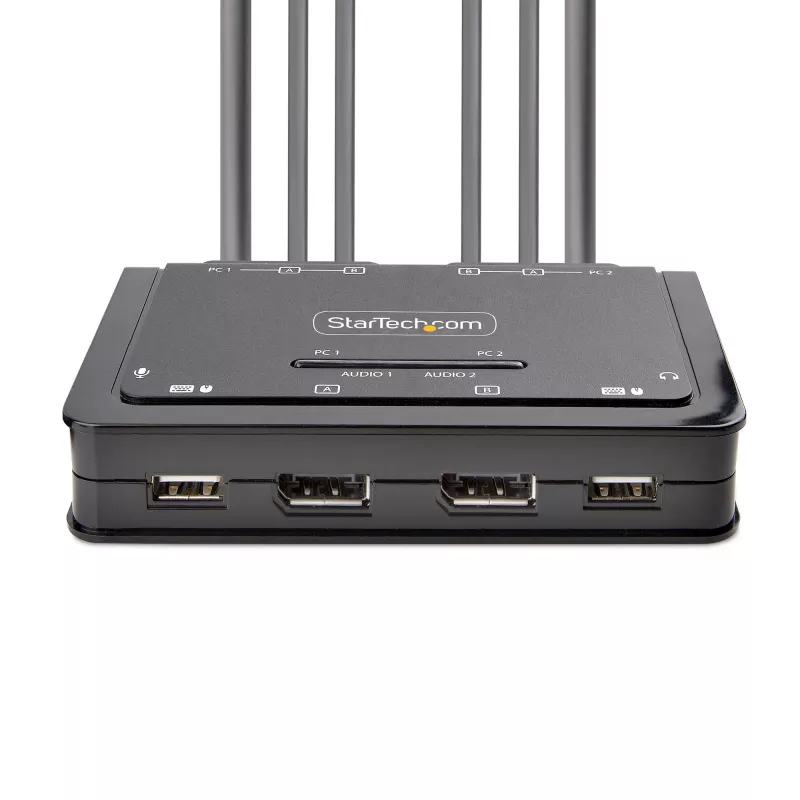 Switch KVM de 2 portas com cabo DisplayPort para monitor duplo StarTech.com, 4K 60Hz, switch KVM compacto com cabos USB-A/DisplayPort/áudio de 1,5 m integrados, alimentado por bus – comutação por botão de controlo remoto/hotkeys
