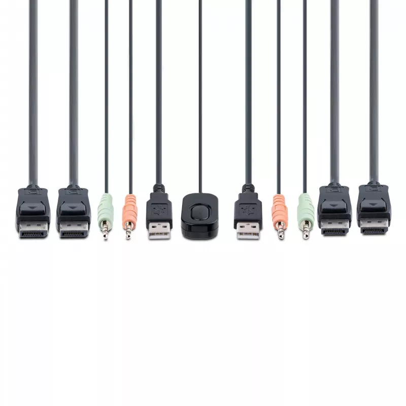 Switch KVM de 2 portas com cabo DisplayPort para monitor duplo StarTech.com, 4K 60Hz, switch KVM compacto com cabos USB-A/DisplayPort/áudio de 1,5 m integrados, alimentado por bus – comutação por botão de controlo remoto/hotkeys