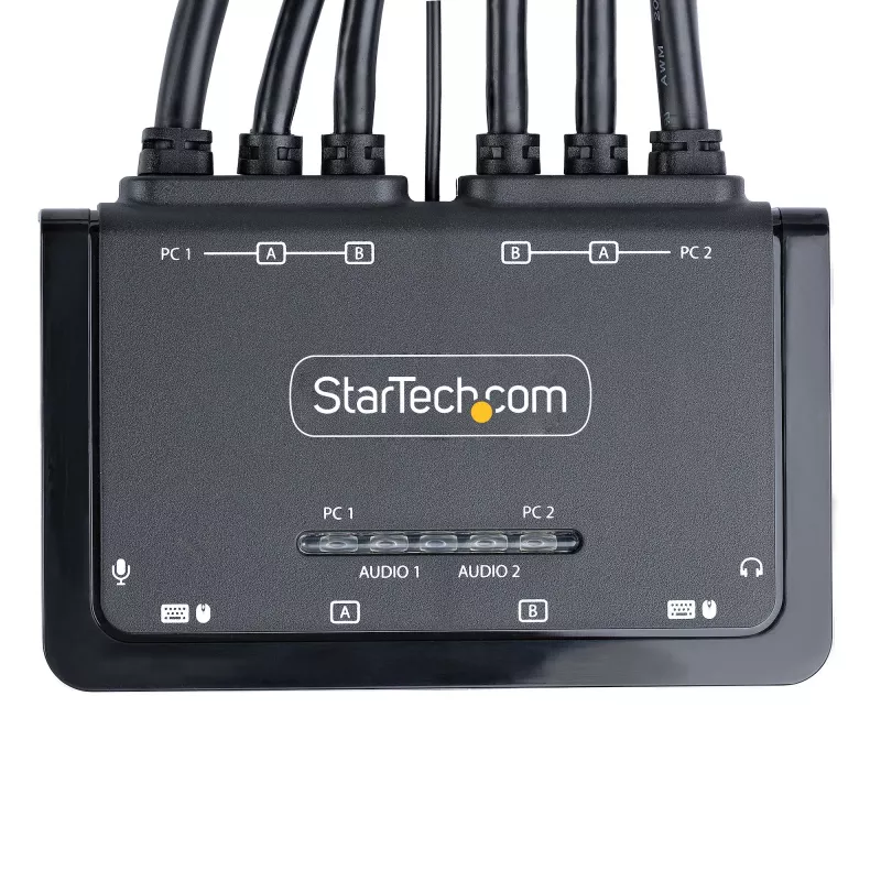 Switch KVM de 2 portas com cabo DisplayPort para monitor duplo StarTech.com, 4K 60Hz, switch KVM compacto com cabos USB-A/DisplayPort/áudio de 1,5 m integrados, alimentado por bus – comutação por botão de controlo remoto/hotkeys