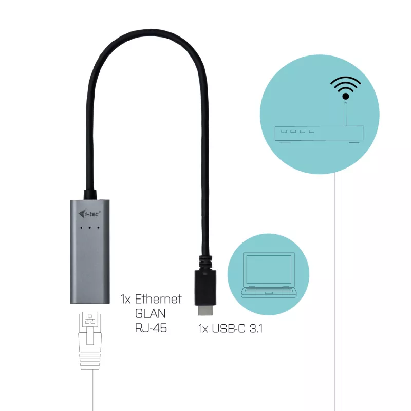 Adaptador Ethernet Gigabit USB-C i-tec Metal, com fio, USB Type-C, Ethernet, 1000 Mbit/s, cinzento