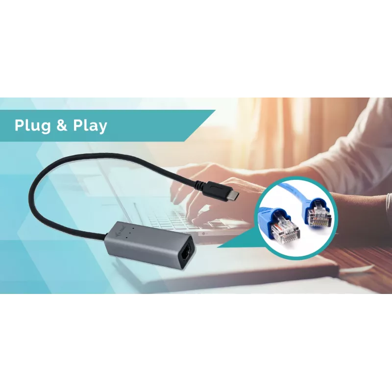 Adaptador Ethernet Gigabit USB-C i-tec Metal, com fio, USB Type-C, Ethernet, 1000 Mbit/s, cinzento