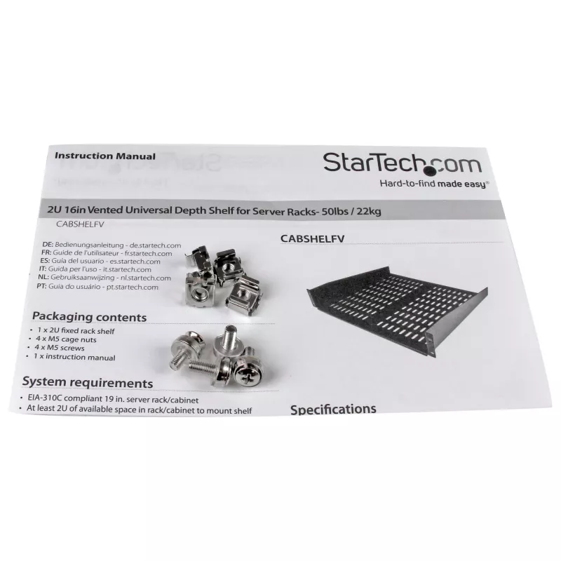 StarTech.com prateleira de encaixe para rack de servidores 2U – bandeja cantilever ventilada universal para rack e armário de rede de 19 polegadas – aço de alta resistência – capacidade de carga 23 kg – prateleira com 16 polegadas de profundidade, preto