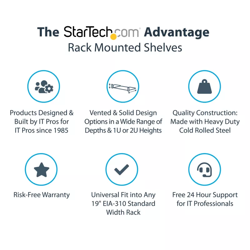 StarTech.com prateleira de encaixe para rack de servidores 2U – bandeja cantilever ventilada universal para rack e armário de rede de 19 polegadas – aço de alta resistência – capacidade de carga 23 kg – prateleira com 16 polegadas de profundidade, preto