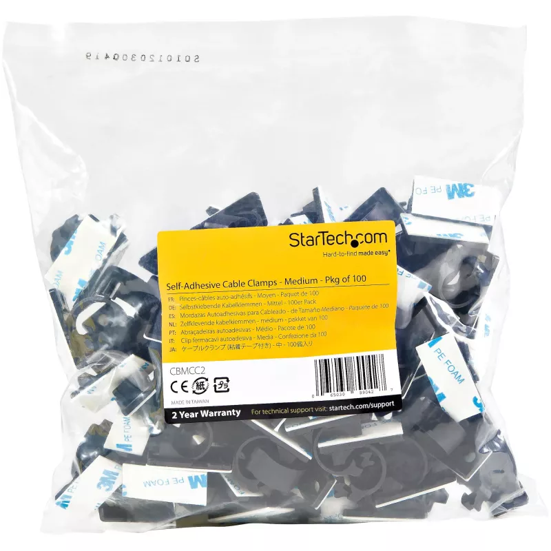 StarTech.com 100 clipes de gestão de cabos autoadesivos pretos – organizador de cabos de rede/ethernet/secretária de escritório/computador – suporte adesivo para cabos/fios – fixação autoadesiva em nylon UL/94V-2 resistente ao fogo