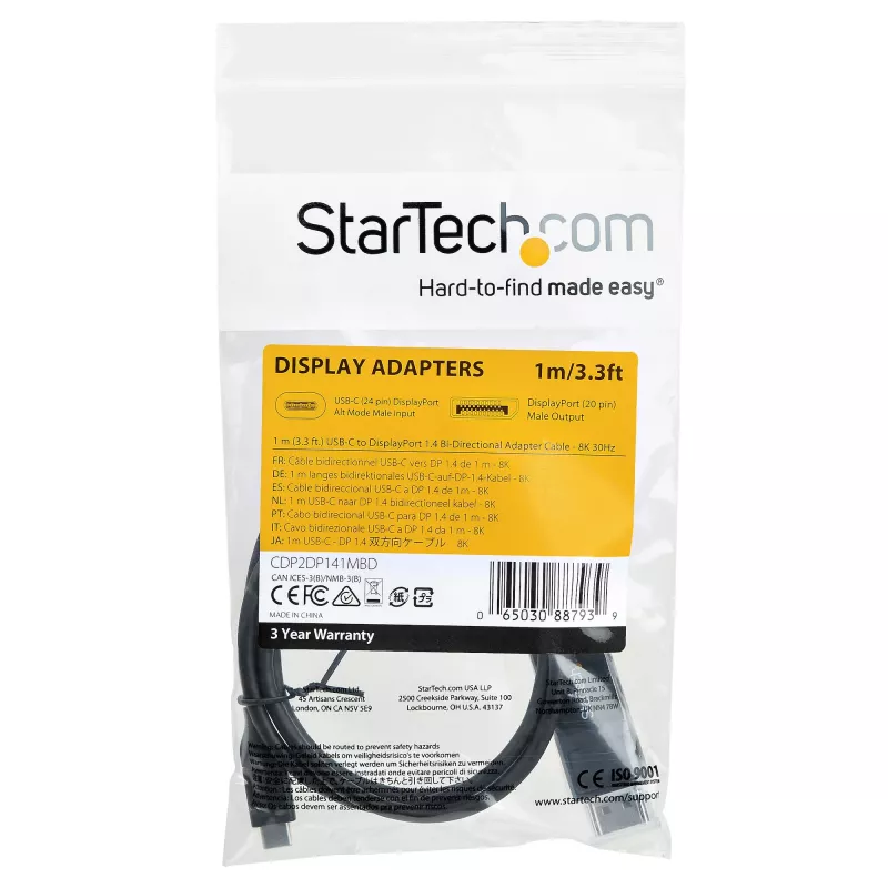 Cabo StarTech.com 1 m USB-C para DisplayPort 1.4 8K 60 Hz/4K – cabo adaptador de vídeo bidirecional DP para USB-C ou USB-C para DP reversível – HBR3/HDR/DSC – cabo para monitor USB Type-C/Thunderbolt