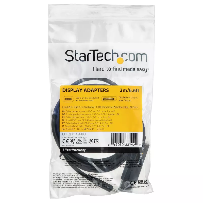 Cabo StarTech.com 2m USB-C para DisplayPort 1.4 8K 60Hz/4K - cabo adaptador de vídeo bidirecional DP para USB-C ou USB-C para DP reversível - HBR3/HDR/DSC - cabo para monitor USB Type-C/Thunderbolt 3 (CDP2DP142MBD)