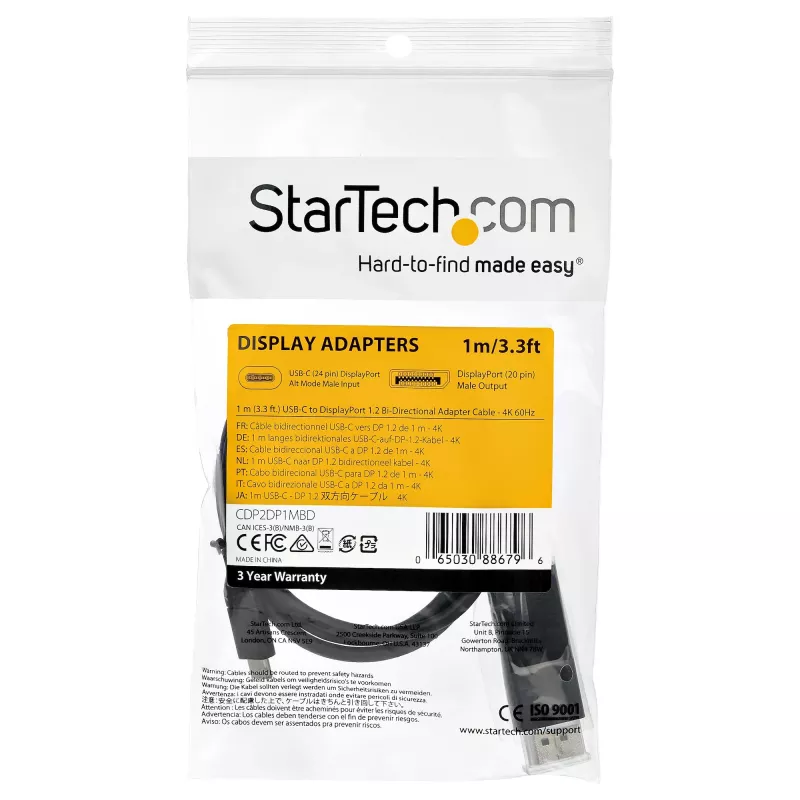 Cabo StarTech.com 1m USB-C para DisplayPort 1.2 4K 60Hz - cabo adaptador de vídeo bidirecional DP para USB-C ou USB-C para DP reversível - HBR2/HDR - cabo para monitor USB Type-C/Thunderbolt