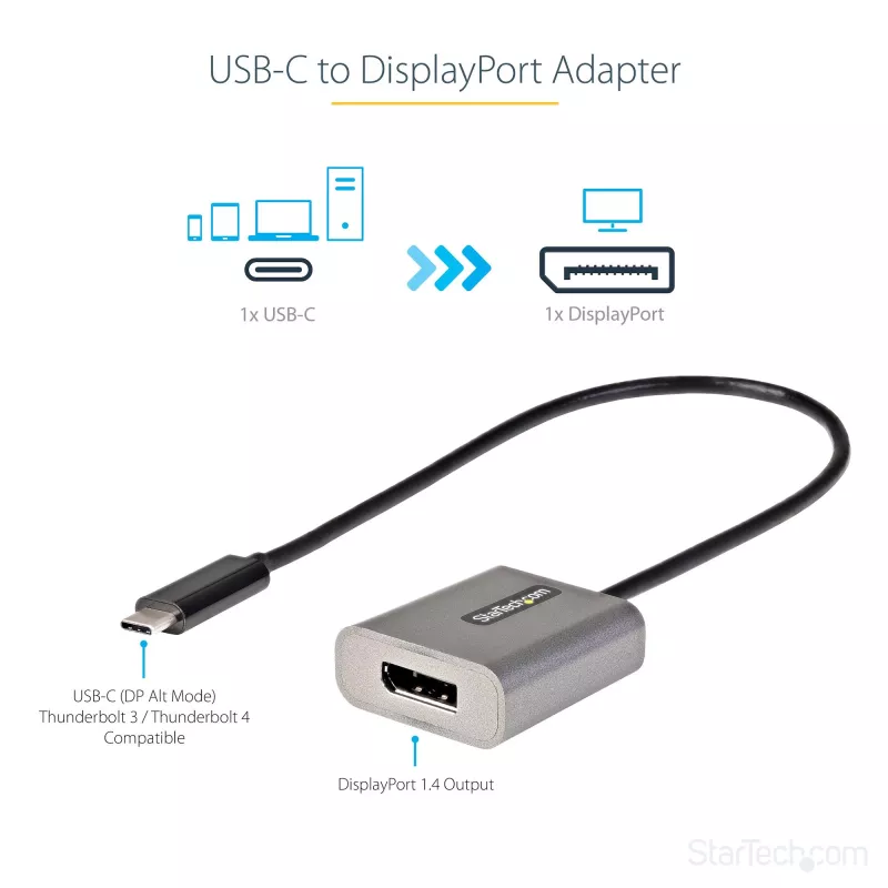 Adaptador StarTech.com USB-C para DisplayPort – adaptador dongle USB-C para DisplayPort 1.4 8K/4K 60Hz – conversor de vídeo USB Type-C para monitor DP – compatível com Thunderbolt 3 – com cabo acoplado de 30 cm