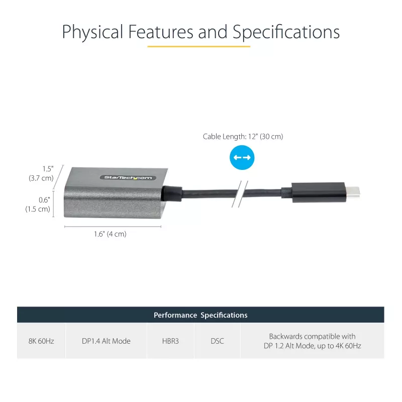Adaptador StarTech.com USB-C para DisplayPort – adaptador dongle USB-C para DisplayPort 1.4 8K/4K 60Hz – conversor de vídeo USB Type-C para monitor DP – compatível com Thunderbolt 3 – com cabo acoplado de 30 cm
