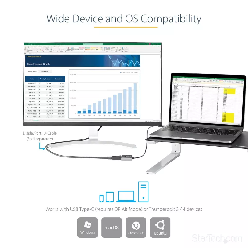 Adaptador StarTech.com USB-C para DisplayPort – adaptador dongle USB-C para DisplayPort 1.4 8K/4K 60Hz – conversor de vídeo USB Type-C para monitor DP – compatível com Thunderbolt 3 – com cabo acoplado de 30 cm