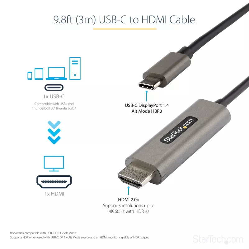 Cabo StarTech.com 10ft (3m) USB C para HDMI 4K 60Hz com HDR10 - cabo adaptador de vídeo Ultra HD USB Type-C para 4K HDMI 2.0b - conversor USB-C para monitor/ecrã HDMI HDR - DP 1.4 Alt Mode HBR3