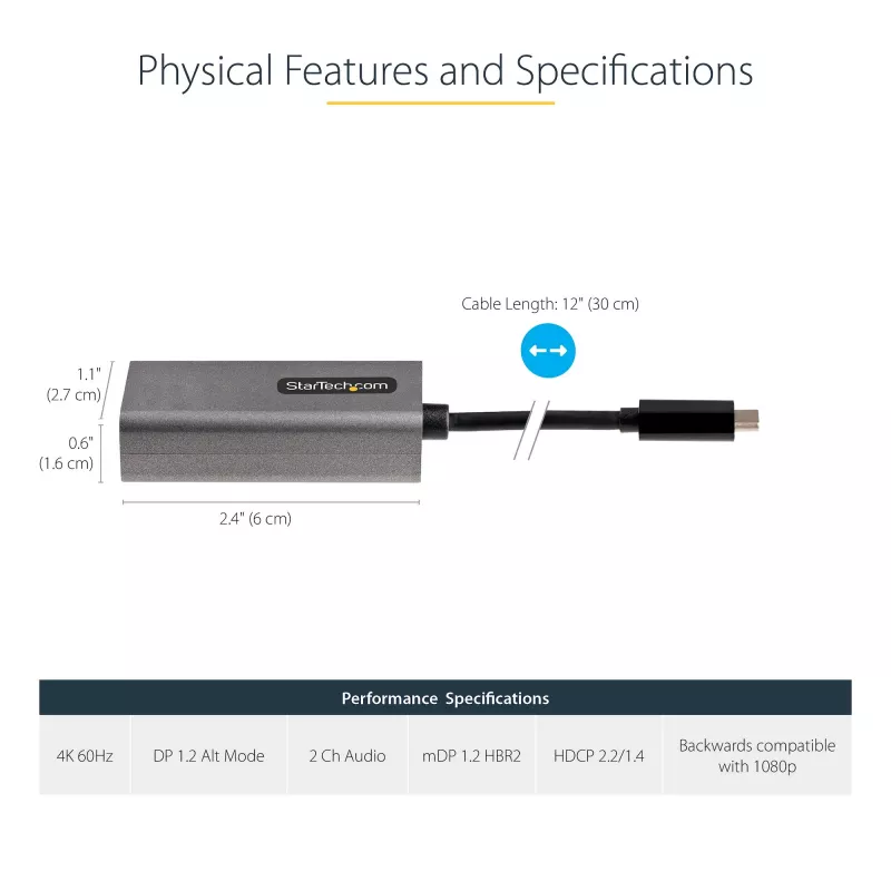 Adaptador StarTech.com USB-C para Mini DisplayPort – adaptador dongle USB-C para mDP 4K 60Hz – USB Type-C para monitor Mini DP – conversor de vídeo – compatível com Thunderbolt 3 – cabo acoplado de 30 cm – versão atualizada do CDP2MDP