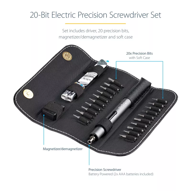 StarTech.com Conjunto de chaves de precisão elétricas de 20 bits - Kit portátil/mini com bateria para reparações de eletrónica, portáteis, computadores, tablets e telefones - Magnético - Sem fios
