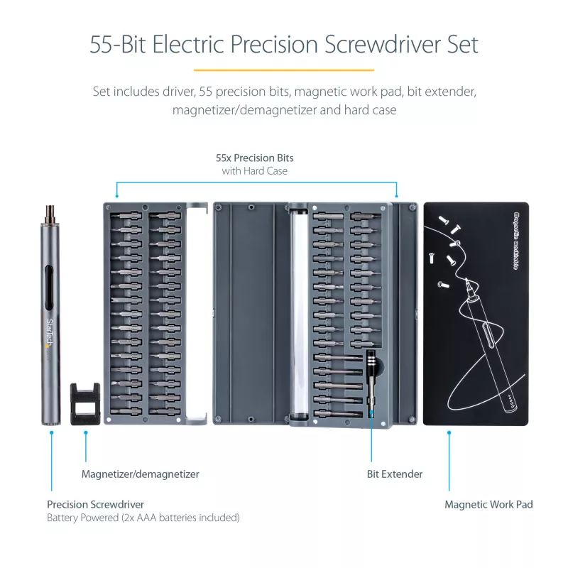 StarTech.com Conjunto de chaves de precisão elétricas de 55 bits – Conjunto portátil sem fios com bateria para reparações de eletrónica, portáteis, computadores, tablets e telefones – Base magnética