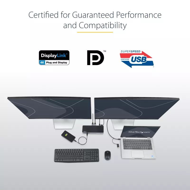 StarTech.com Estação de acoplamento universal para portátil, dock híbrido USB-C e USB-A, Dual 4K DP e HDMI, 100W PD, Mac / Windows / Chrome OS, hub 4x USB 5Gbps, GbE