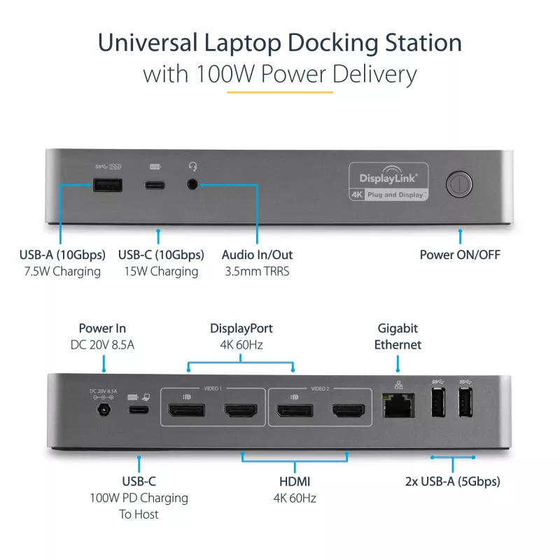 StarTech.com Estação de acoplamento universal para portátil, dock híbrido USB-C e USB-A, Dual 4K DP e HDMI, 100W PD, Mac / Windows / Chrome OS, hub 4x USB 5Gbps, GbE