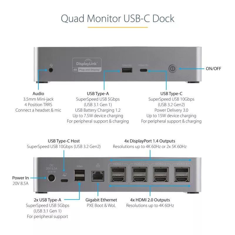 StarTech.com Dock USB-C – DisplayPort e HDMI para quatro monitores 4K 60Hz – Estação de acoplamento USB-C universal com 100W Power Delivery – Hub USB com 1x USB Type-C e 3x USB-A, Ethernet, Áudio