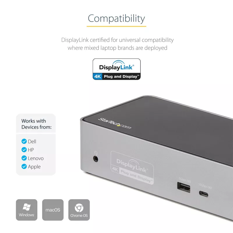 StarTech.com Dock USB-C – DisplayPort e HDMI para quatro monitores 4K 60Hz – Estação de acoplamento USB-C universal com 100W Power Delivery – Hub USB com 1x USB Type-C e 3x USB-A, Ethernet, Áudio