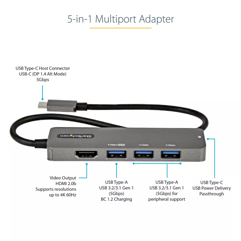 StarTech.com Adaptador multiportas USB-C - USB-C para HDMI 2.0b 4K 60Hz (HDR10), 100W Power Delivery Pass-Through, hub USB 3.0 de 4 portas - Mini dock USB Type-C - Cabo fixo de 30 cm