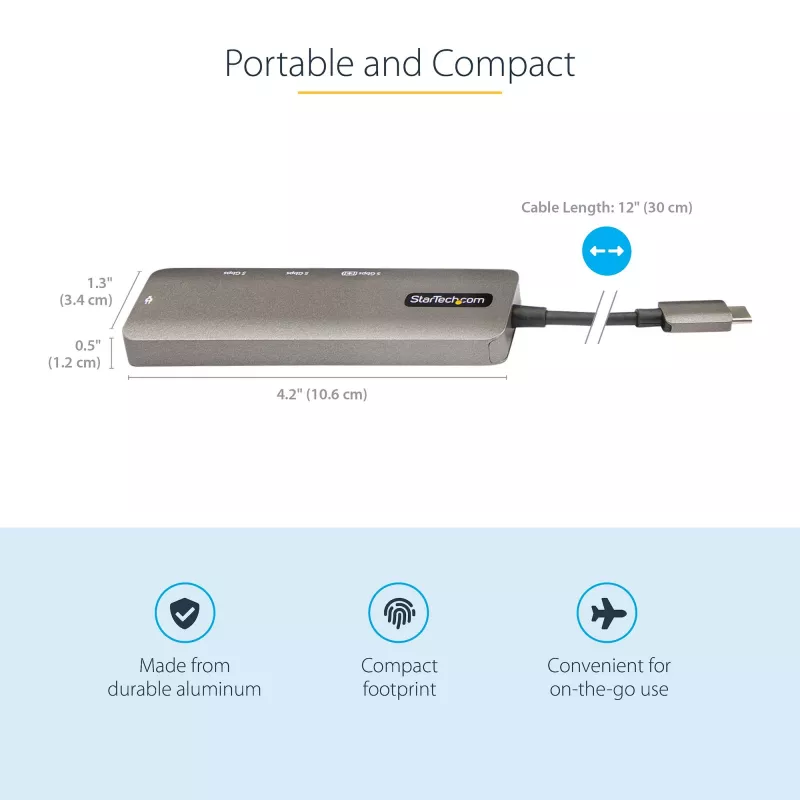 StarTech.com Adaptador multiportas USB-C - USB-C para HDMI 2.0b 4K 60Hz (HDR10), 100W Power Delivery Pass-Through, hub USB 3.0 de 4 portas - Mini dock USB Type-C - Cabo fixo de 30 cm