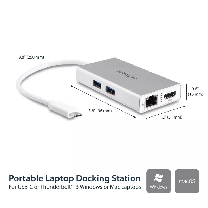 StarTech.com Adaptador multiportas USB-C – Estação de acoplamento de viagem USB-C com HDMI 4K – 60 W Power Delivery Pass-Through, GbE, hub USB-A 3.0 de 2 portas – Mini dock USB Type-C portátil para portátil – Branco