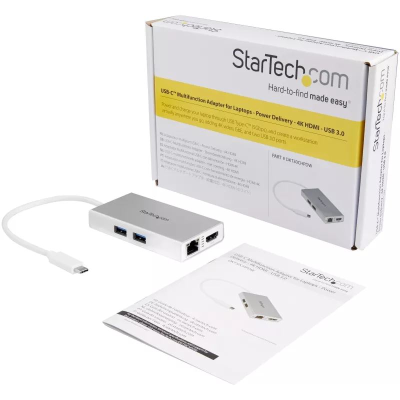 StarTech.com Adaptador multiportas USB-C – Estação de acoplamento de viagem USB-C com HDMI 4K – 60 W Power Delivery Pass-Through, GbE, hub USB-A 3.0 de 2 portas – Mini dock USB Type-C portátil para portátil – Branco