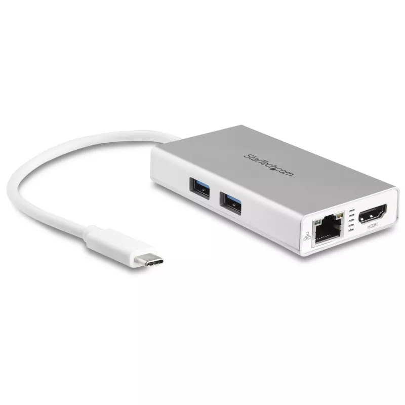 StarTech.com Adaptador multiportas USB-C – Estação de acoplamento de viagem USB-C com HDMI 4K – 60 W Power Delivery Pass-Through, GbE, hub USB-A 3.0 de 2 portas – Mini dock USB Type-C portátil para portátil – Branco