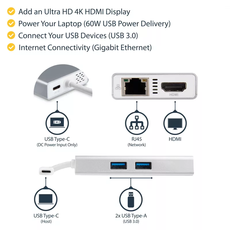 StarTech.com Adaptador multiportas USB-C – Estação de acoplamento de viagem USB-C com HDMI 4K – 60 W Power Delivery Pass-Through, GbE, hub USB-A 3.0 de 2 portas – Mini dock USB Type-C portátil para portátil – Branco
