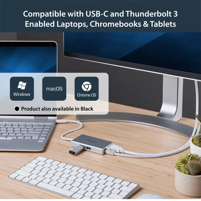 StarTech.com Adaptador multiportas USB-C – Estação de acoplamento de viagem USB-C com HDMI 4K – 60 W Power Delivery Pass-Through, GbE, hub USB-A 3.0 de 2 portas – Mini dock USB Type-C portátil para portátil – Branco