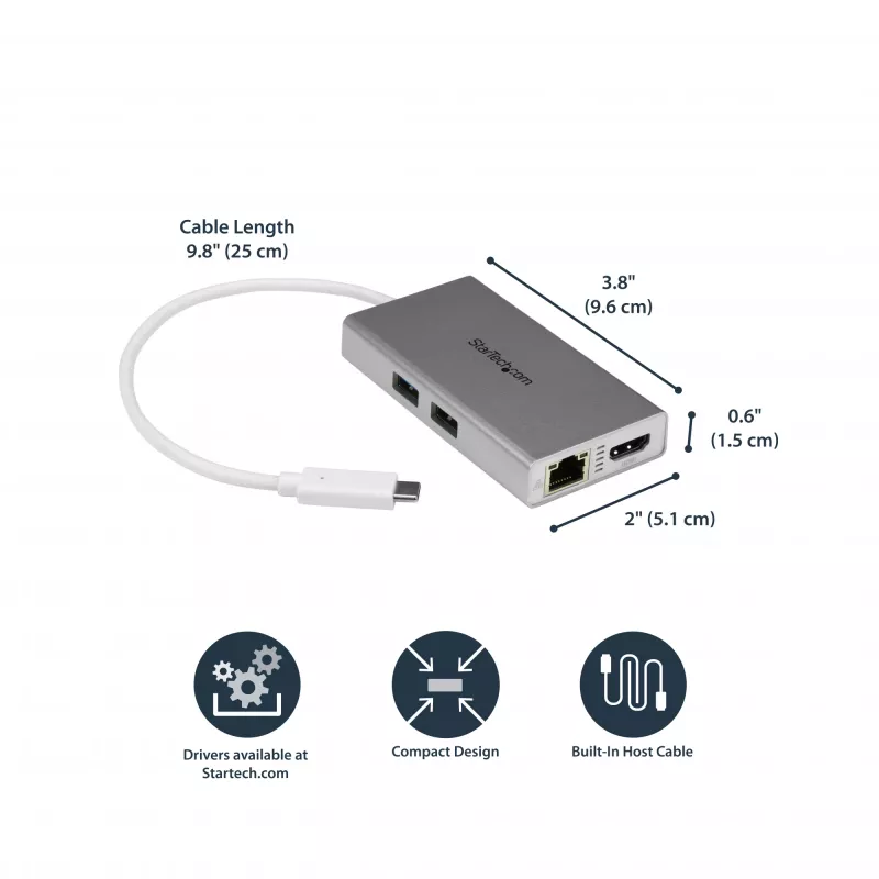 StarTech.com Adaptador multiportas USB-C – Estação de acoplamento de viagem USB-C com HDMI 4K – 60 W Power Delivery Pass-Through, GbE, hub USB-A 3.0 de 2 portas – Mini dock USB Type-C portátil para portátil – Branco