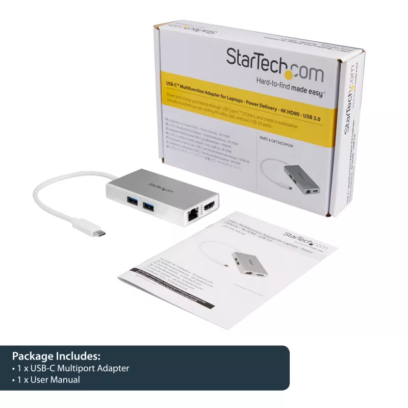 StarTech.com Adaptador multiportas USB-C – Estação de acoplamento de viagem USB-C com HDMI 4K – 60 W Power Delivery Pass-Through, GbE, hub USB-A 3.0 de 2 portas – Mini dock USB Type-C portátil para portátil – Branco