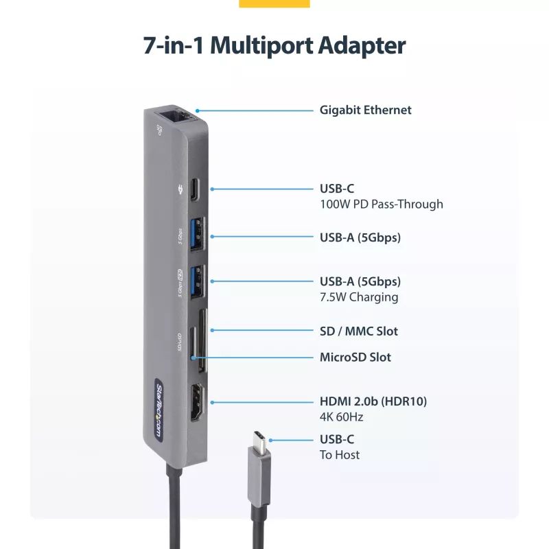 StarTech.com Hub adaptador multiportas USB-C, USB-C para HDMI 4K 60Hz, Gigabit Ethernet e carregamento de portátil 100W para Macbook Pro / Air e Windows