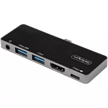 StarTech.com Adaptador multiportas USB C – USB-C para HDMI 2.0 4K 60Hz, carregamento pass-through 100W Power Delivery, hub USB 3.0 de 3 portas, Áudio – Mini dock USB-C – Dock de viagem USB Type-C portátil